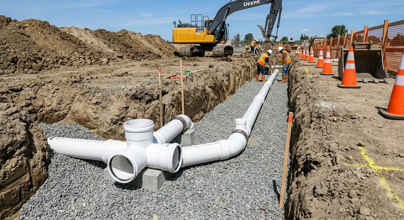 New PVC sewer pipe installation in open trench for Commercial Drain Cleaning in Pottsville