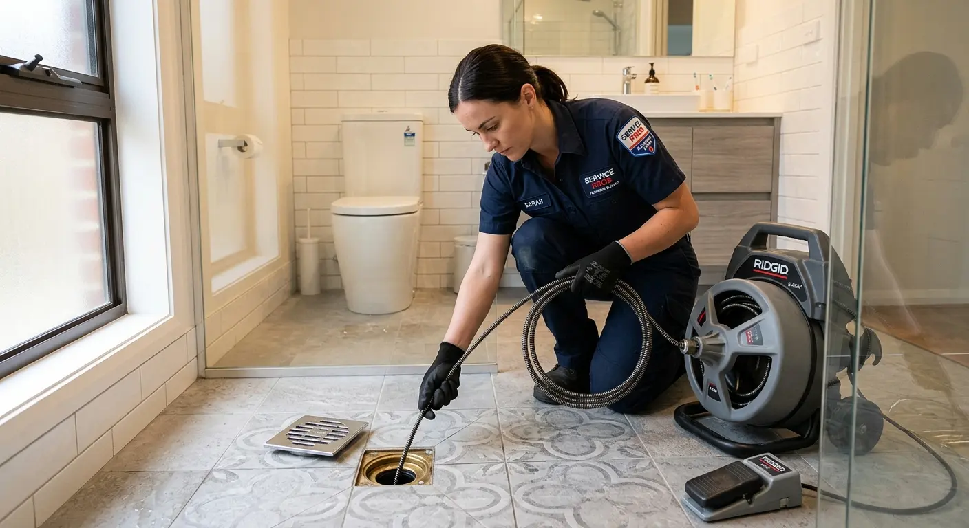 Technician clearing a bathroom floor drain for Hydro Jetting in Pottsville